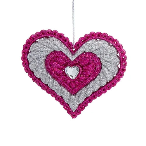3" Pink & Silver Acrylic Glitter Heart Ornaments T3689