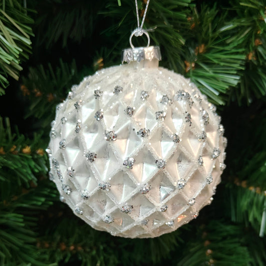 5" Glass White Diamond Design Glitter Ornament 649841