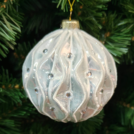 5" Glass White Wave Design w/ Glittter & Jewel Ornament 671511