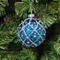 3"-4" Blue Glass Glitter & Jeweled Diamond Design Ball Ornament