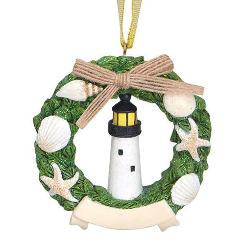 Lighthouse in Wreath w/Glitter Starfish & Sea Shells Ornament 878-39