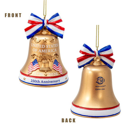 3.5" America 250th Anniversary Liberty Bell With Red, White & Blue Bow Ornament AE2261