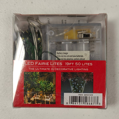 Cool White LED Lighted Fairy Lights (w/Timer), 19ft 50 Lights BAT0315CW