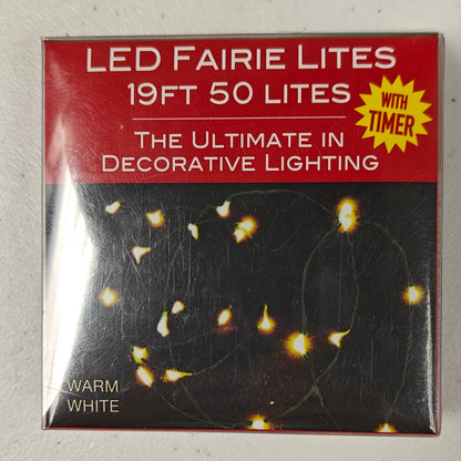 Warm White LED Lighted Fairy Lights (w/Timer), 19ft 50 Lights BAT0315WW