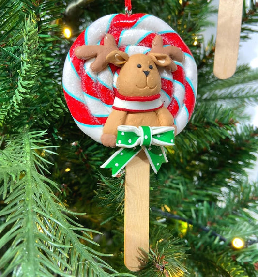 5.5" Red, Blue & White Lollipop Reindeer Ornament D3750