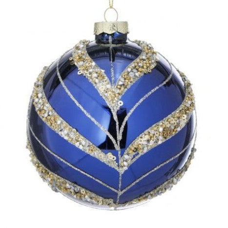 4.5" Blue & Silver Beaded Glitter Ball Ornament MTX69376