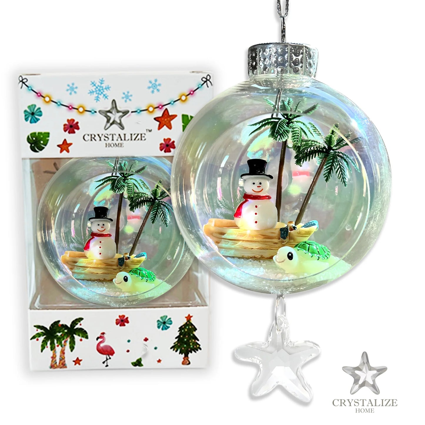 Snowman on Boat Turtle Plastic Ornament with Magnetic Crystal 3"x7" AF349