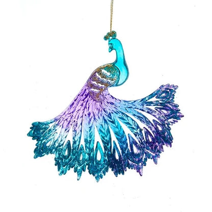 6" Acrylic Blue, Green & Purple Peacock Glitter Ornament T3110