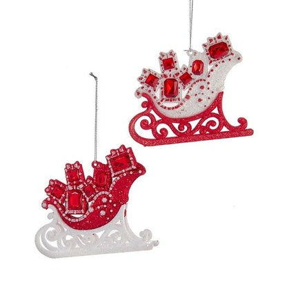 4" Red & White Glitter & Jeweled Sleigh Ornament T3124