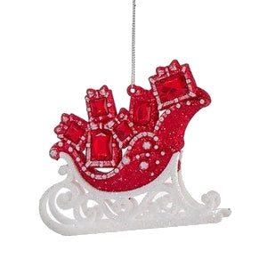4" Red & White Glitter & Jeweled Sleigh Ornament T3124