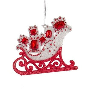4" Red & White Glitter & Jeweled Sleigh Ornament T3124