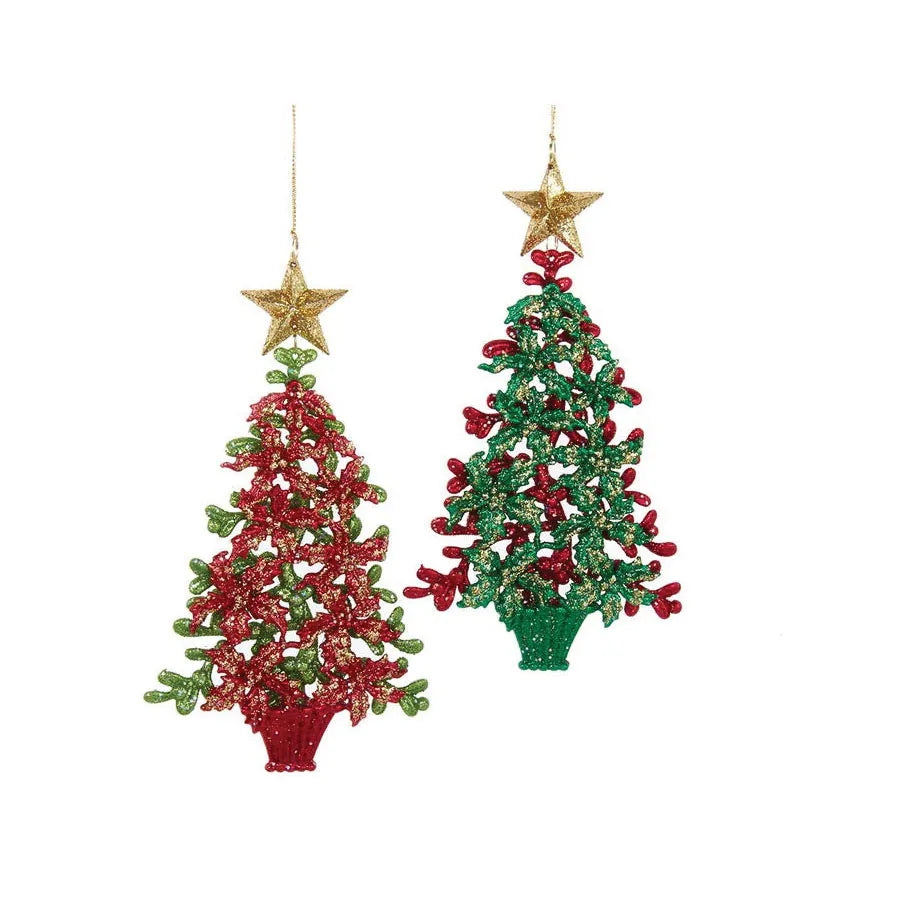Two Sided Green & Red Glitter Tree w/Star Ornaments T3223