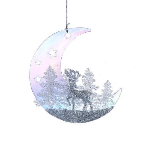 5" Acrylic Crescent Moon Glitter Deer Ornament T3615
