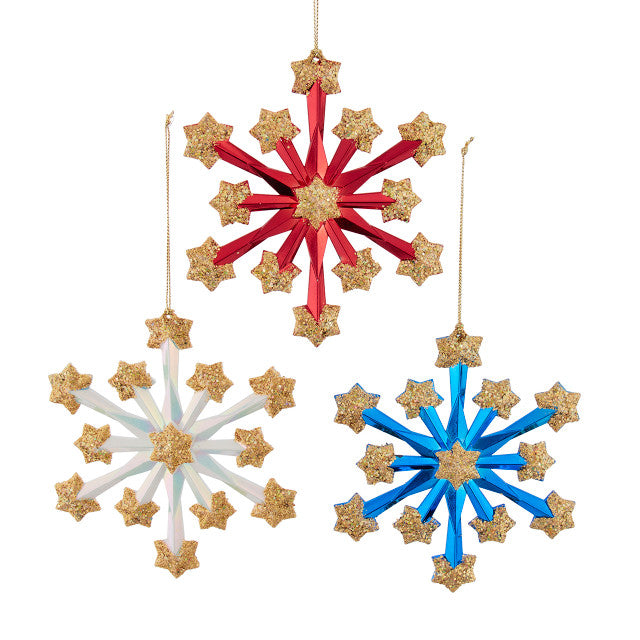 5" Red, White & Blue With Gold Glitter Fireworks Snowflake Ornaments T4098