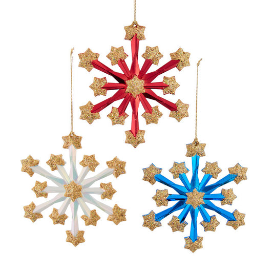 5" Red, White & Blue With Gold Glitter Fireworks Snowflake Ornaments T4098