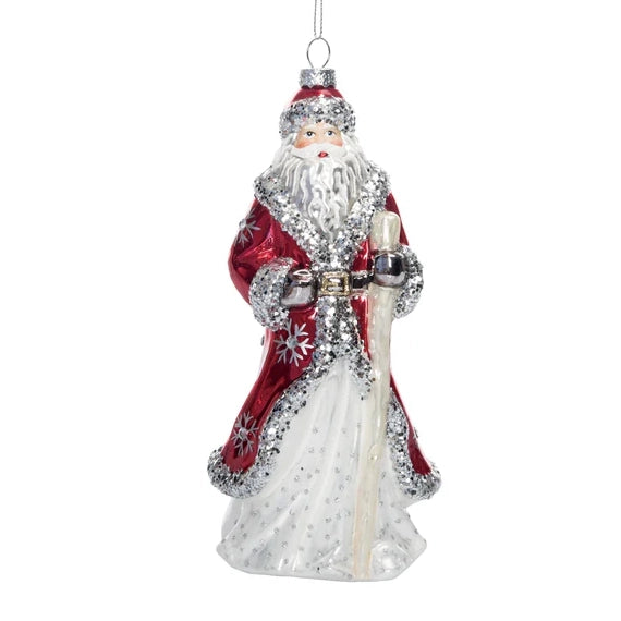 8" Glass Red & Silver Santa w/Glitter & Jewels Ornament TC03776