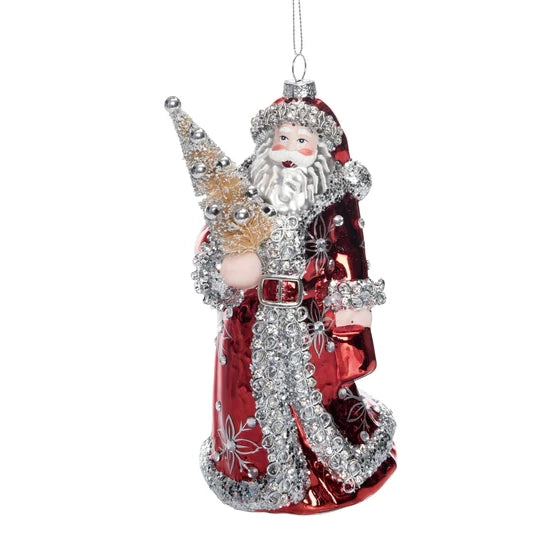 8" Glass Red & Silver Santa w/Glitter & Jewels Ornament TC03776