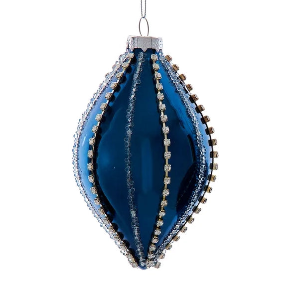 Ball & Finial Glass Metallic Blue Jeweled and Clear Striped Ornament D4349