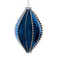 Ball & Finial Glass Metallic Blue Jeweled and Clear Striped Ornament D4349