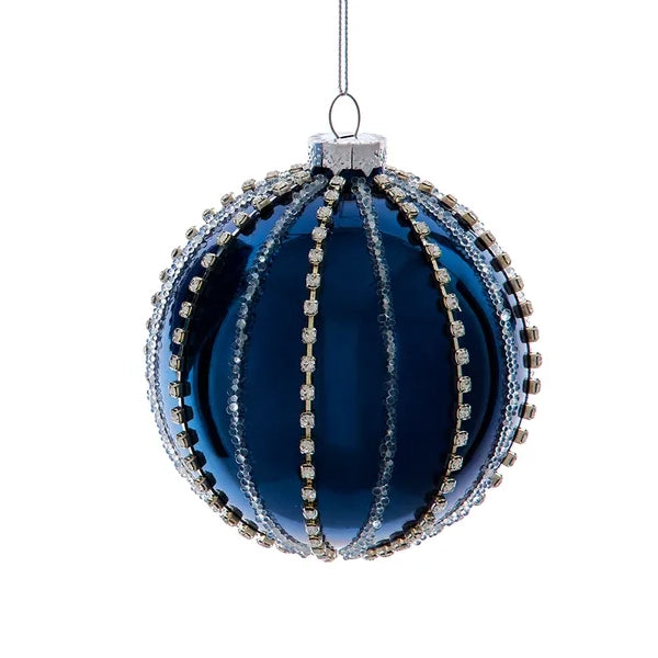 Ball & Finial Glass Metallic Blue Jeweled and Clear Striped Ornament D4349