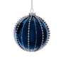 Ball & Finial Glass Metallic Blue Jeweled and Clear Striped Ornament D4349