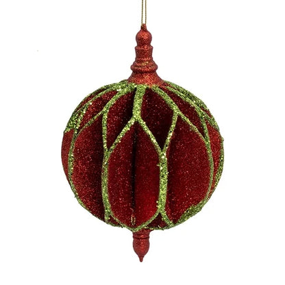 Red & Light Green Glittered Ball Ornaments With Finial Top & Bottom D4591