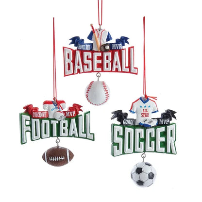 3 Sports Ornaments, Baseball, Football & Soccer J8563