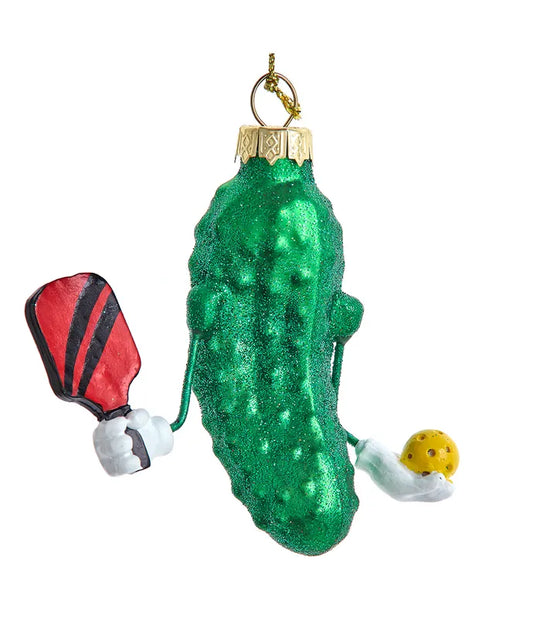 Glass Pickle Playing Pickleball Ornament J8828