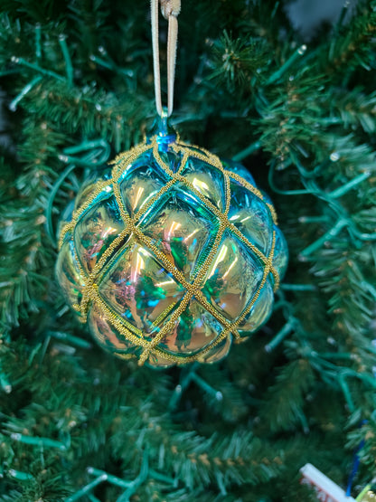 4" Iridescent Glass Diamond Design Ball w/ Gold Outline Ornaments EL0768