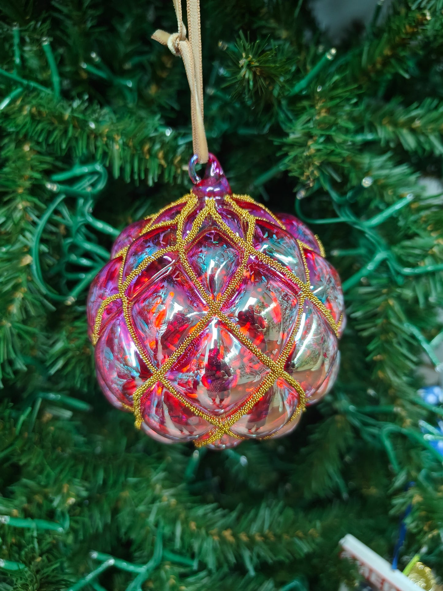 4" Iridescent Glass Diamond Design Ball w/ Gold Outline Ornaments EL0768