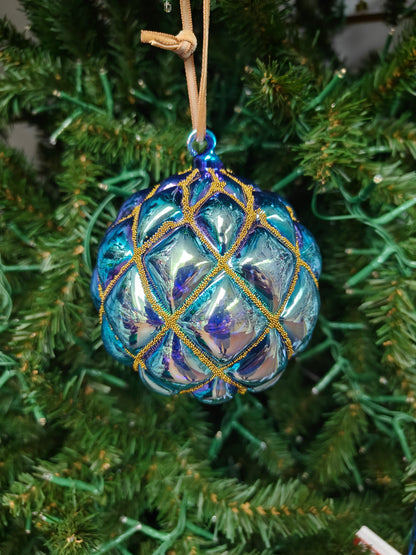4" Iridescent Glass Diamond Design Ball w/ Gold Outline Ornaments EL0768