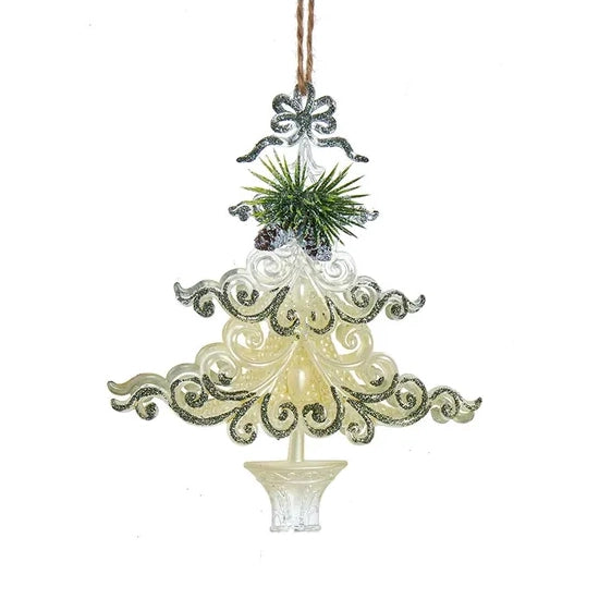 6" Ivory, Clear and Green Christmas Tree w/Pinecone Ornaments T3254