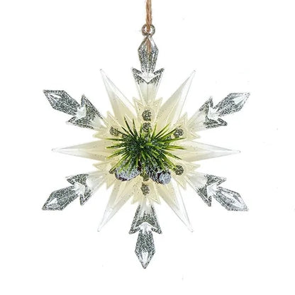 5" Ivory, Clear and Green Snowflake w/Pinecone Ornaments T3255