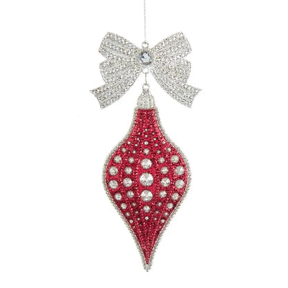 6" Red & Silver Finial & Teardrop w/ Jewel & Glitter Ornament T3262