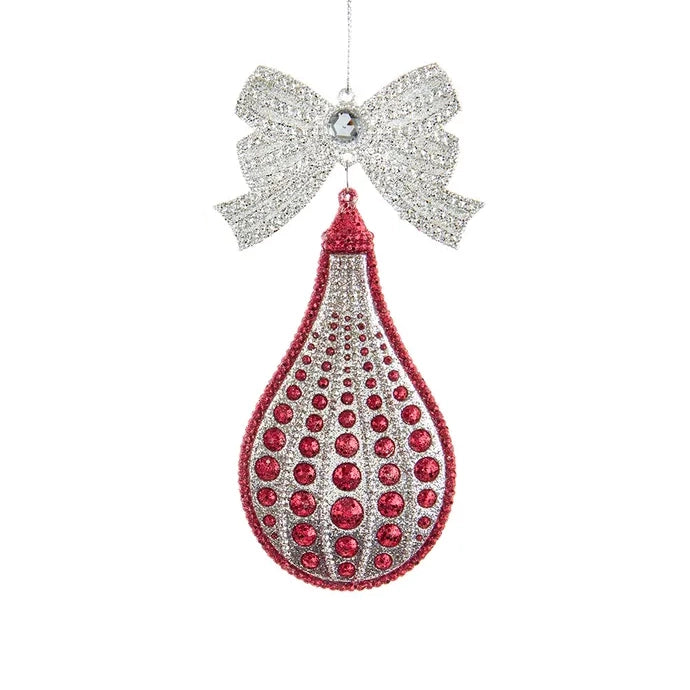 6" Red & Silver Finial & Teardrop w/ Jewel & Glitter Ornament T3262