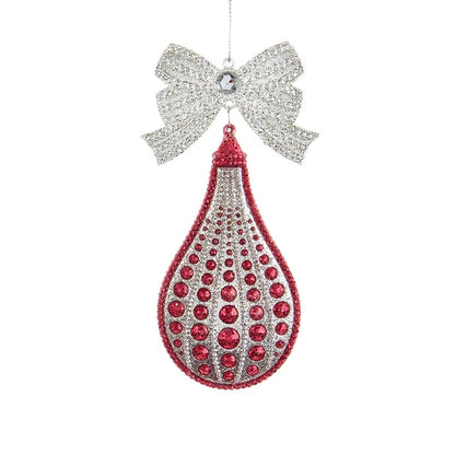 6" Red & Silver Finial & Teardrop w/ Jewel & Glitter Ornament T3262