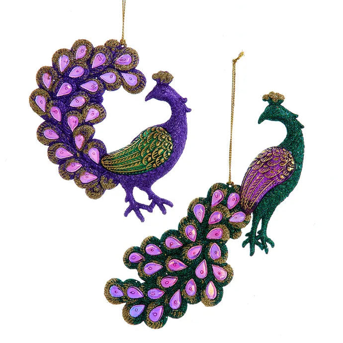 5"-7" Purple & Green Glitter Peacock With Jeweled Tail Ornaments T3461