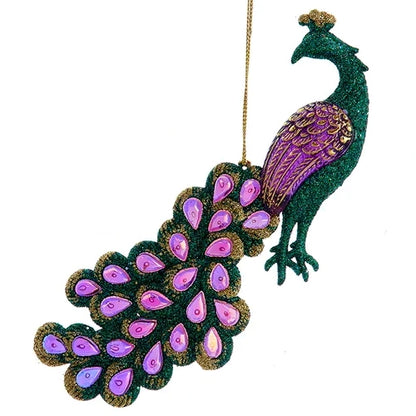 5"-7" Purple & Green Glitter Peacock With Jeweled Tail Ornaments T3461