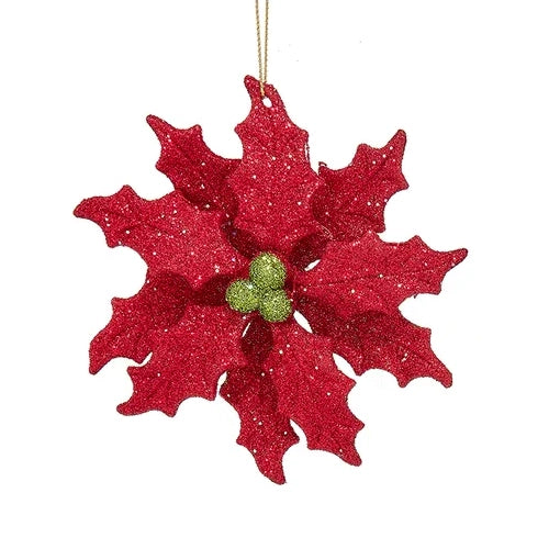 Red & Green Glittered Holly Leaf Ornaments T3636