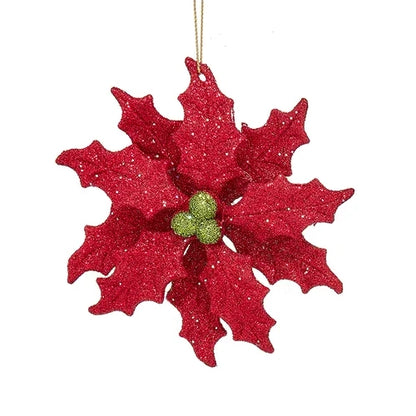Red & Green Glittered Holly Leaf Ornaments T3636