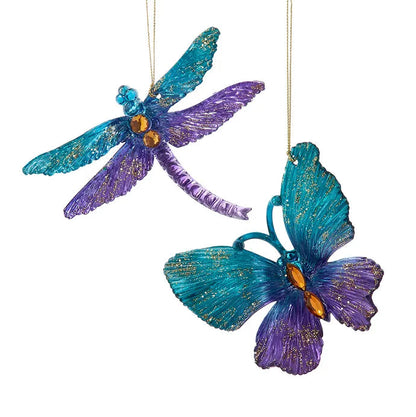 Blue & Purple Butterfly & Dragonfly Jeweled & Glitter Ornaments T3656